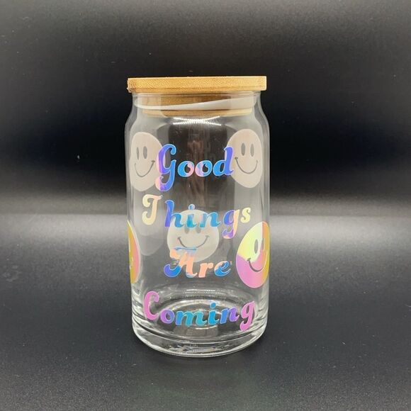 NWT WOOL + PEPPER CO. Good Things Holographic Glass Can Cup w/ Bamboo Lid - Picture 2 of 5